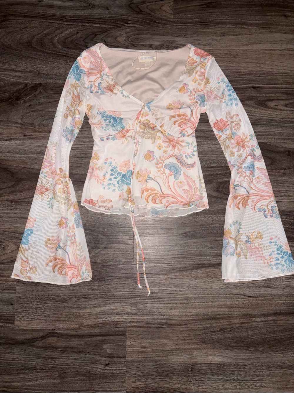 See You Monday White Floral Wrap Top with Bell Sleeves